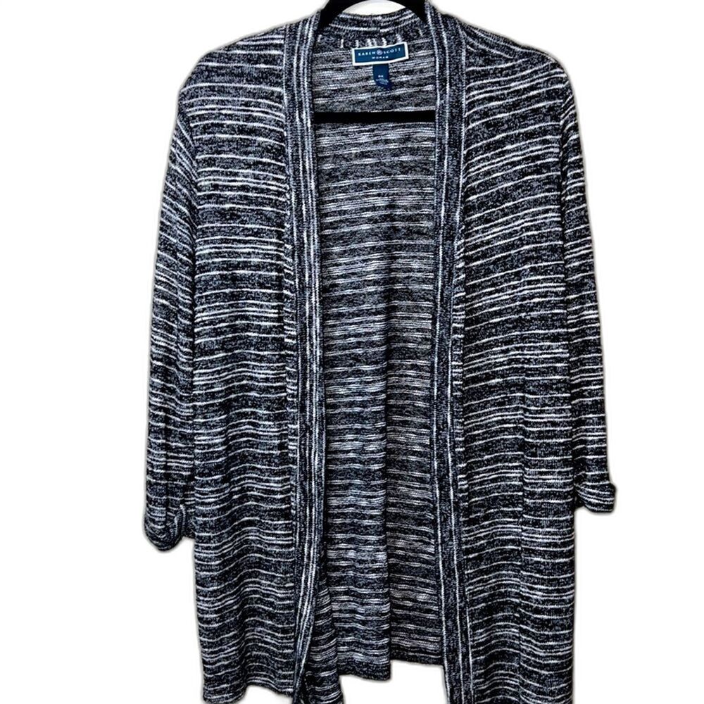 Karen Scott Woman's Black/White/Grey Open Front Cardigan Size 0X